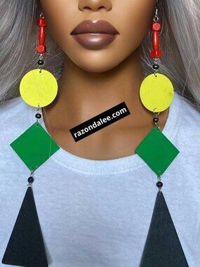 Elongated Dangle Earrings Wooden Mixed Shapes Rasta Colors by Razonda Lee